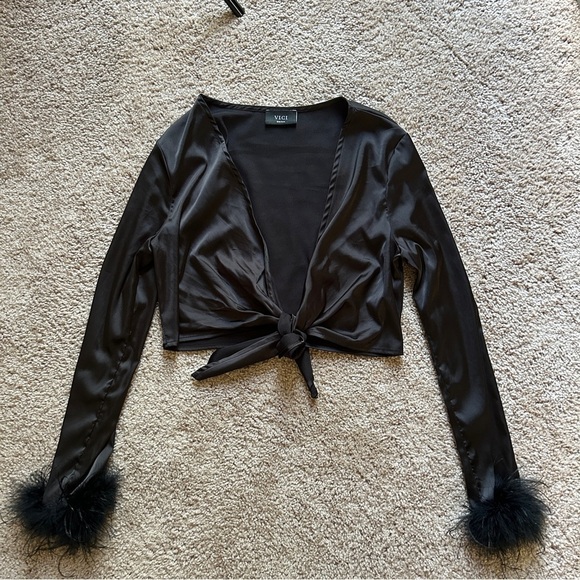 Vici Black Satin 2 Piece Set with Feather Cuff Tie-Front Top Wide Leg Pants S - Picture 2 of 13